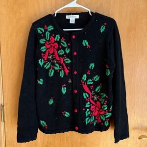 Arriviste‎ Black Christmas Holiday Cardigan Sweater Womens M Ribbon Holly